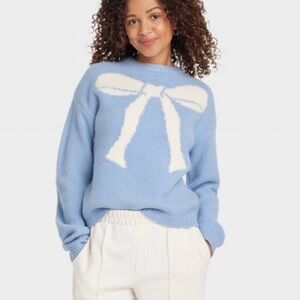 a new day Light Blue Crewneck Sweater with White Bow